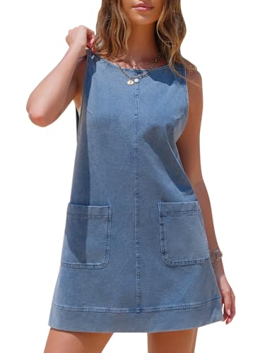 Womens Sleeveless Denim Dress Casual Summer Crewneck A Line Overall Mini Dress Jean Jumper Pinafore with Pockets 2025