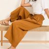 Women Casual Wide Leg Pants Summer Cotton High Rise Elastic Waist Cropped Capris Trousers with Pockets