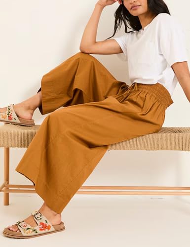 Women Casual Wide Leg Pants Summer Cotton High Rise Elastic Waist Cropped Capris Trousers with Pockets