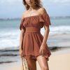 Women's 2025 Summer Ruffle Short Sleeve Tie Back Romper Dress Square Neck A Line Cute Dressy Short Jumpsuits