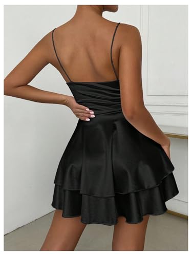 Women's V Neck Spaghetti Strap Tiered Fit and Flare A Line Mini Cami Dress