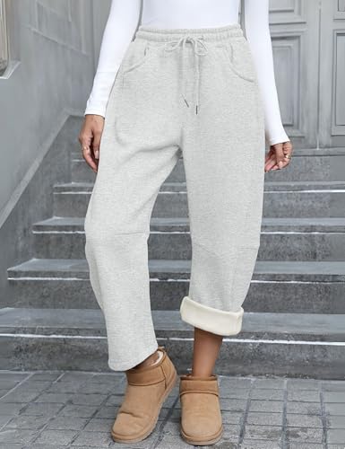 Womens Fleece Lined Sweatpants Barrel Leg High Waist Winter Joggers Cozy Home Travel Lounge Pants with Pockets