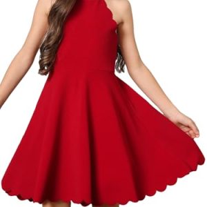 Girl's Scallop Trim Halter Sleeveless Flare Hem Solid A Line Mini Dress