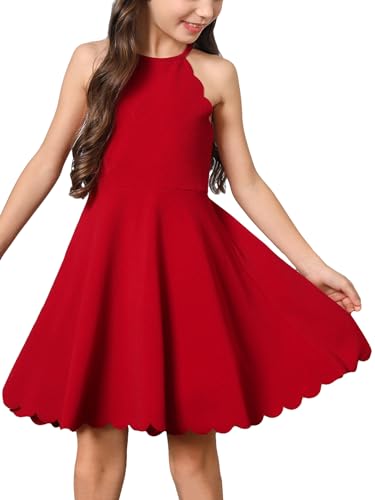 Girl's Scallop Trim Halter Sleeveless Flare Hem Solid A Line Mini Dress