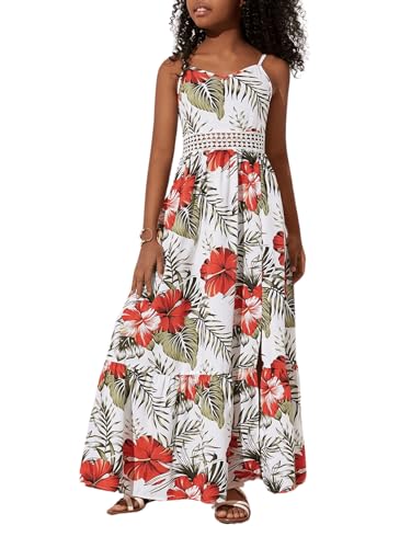 41-zTVuYwRL.jpg Girl's Floral Sleeveless Split Thigh Ruffle Hem Summer Boho Maxi Cami Dress