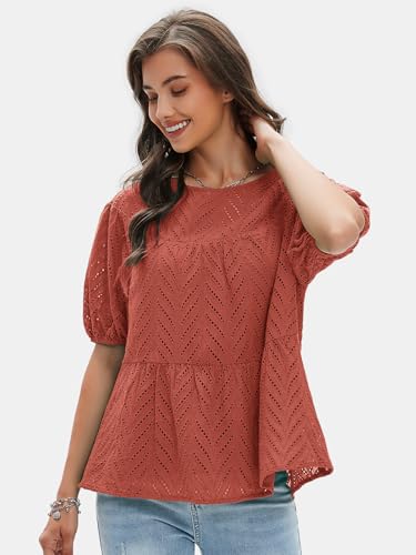 Women's Summer Tops Dressy Casual Short Lantern Sleeve Shirts Crew Neck Hollow Out Lace Embroidered Blouses Shirts