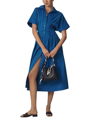 Shirt Dress for Women Summer Casual Short Sleeve Button Down Loose Pleated Maxi Sundress with Pockets