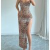 Women's Sexy High Slit Leopard Maxi Dress Open Back Bodycon Backless Cami Dress