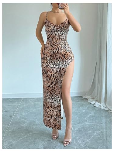 Women's Sexy High Slit Leopard Maxi Dress Open Back Bodycon Backless Cami Dress
