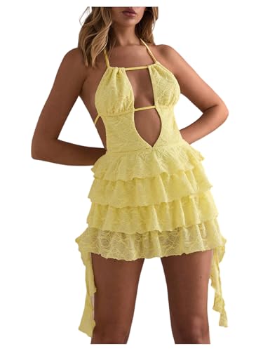 Women's Y2k Ruffle Lace Backless Layered Halter Mini Dress Deep V Party Jellyfish Dress