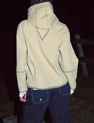 Womens Windbreaker Jacket Outdoors Hiking Reflective Striping Hooded Half Zip Pullover Contrast Pocketed Outerwear