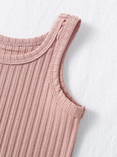 Girl's 2 Piece Solid Scoop Neck Sleeveless Ribbed Knit Short Romper Jumpsuit