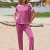 Womens Summer 2 Piece Outfits Color Block Short Sleeve Tops Tracksuit Wide Leg Pants Matching Set Lounge Sets 2025