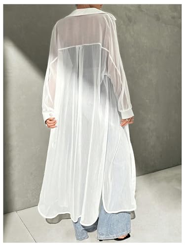 Women's Sheer Button Down Long Sleeve Maxi Shirt Kimono Dress Lightweight Summer Coverups