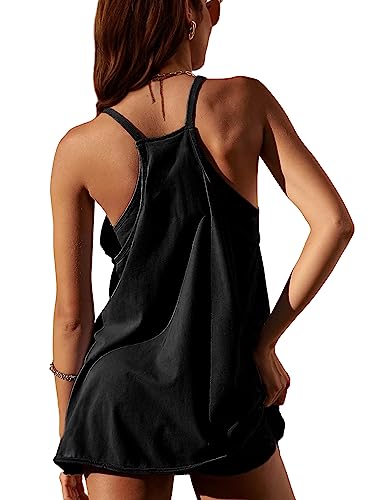 Women's Summer Sleeveless Mini Dress V Neck Spaghetti Straps Athletic Built-in Shorts Sundress