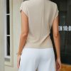 Women Buckle Tie Top Stand Collar Belted Short Sleeve Elegant Summer Casual Blouse