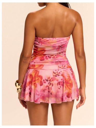 SHENHE Women's Sexy Vacation Outfits Floral Asymmetrical Tube Top Ruffle Mini Skirt Y2k Set