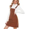 Womens Casual Corduroy Bib Knee Length Overalls Pinafore Midi Dress Jumpsuit（Brown-XS）