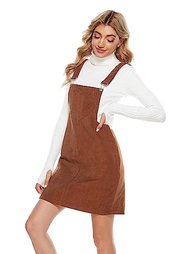 Womens Casual Corduroy Bib Knee Length Overalls Pinafore Midi Dress Jumpsuit（Brown-XS）