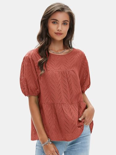 Women's Summer Tops Dressy Casual Short Lantern Sleeve Shirts Crew Neck Hollow Out Lace Embroidered Blouses Shirts