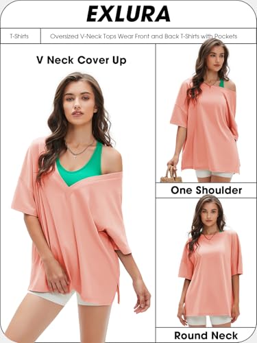Women's Casual Oversized V Neck T-Shirts Tops Reversible Athletic Workout Crew Neck Fashion Trendy Tee