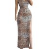 Women's Sexy High Slit Leopard Maxi Dress Open Back Bodycon Backless Cami Dress
