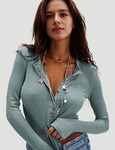 Womens Henley Tunic Shirts Long Sleeve Slim Fit Basics Ribbed Crewneck Button up Tops