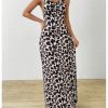 Women's Leopard Bodycon Cami Dress Cowl Neck Backless Long Maxi Dress Party Clubwear