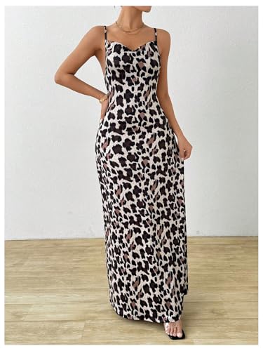 Women's Leopard Bodycon Cami Dress Cowl Neck Backless Long Maxi Dress Party Clubwear