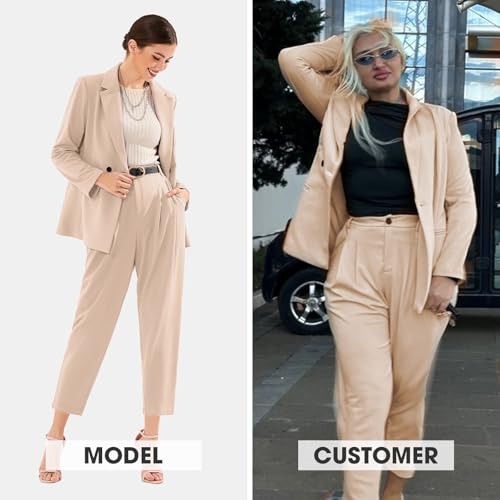 Women's Business Blazer and High Elastic Waist Pant Suit Set Loose Fit Casual Fall Winter 2 Piece Suits for Work