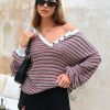 Women's Oversized Striped Sweaters Long Sleeve Shirt Loose V Neck Button Henley Tops Fall Pullover Knit Jumper 2025