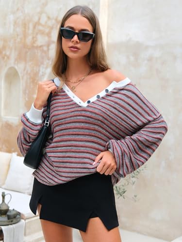 Women's Oversized Striped Sweaters Long Sleeve Shirt Loose V Neck Button Henley Tops Fall Pullover Knit Jumper 2025
