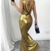 Women's Sexy Open Back Shiny Metallic Maxi Dress Cowl Neck Bow Bodycon Cocktail Party Dress