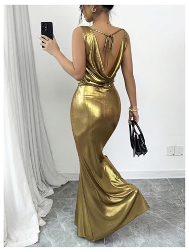 Women's Sexy Open Back Shiny Metallic Maxi Dress Cowl Neck Bow Bodycon Cocktail Party Dress