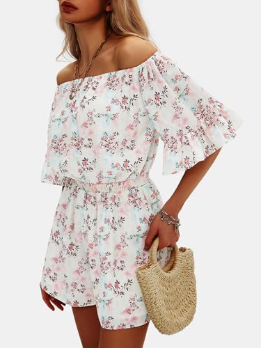 Women's Summer Floral Romper Dress Off Shoulder Ruffle Elastic Wasit Wide Leg Shorts Jumpsuit Vacation Beach 2025