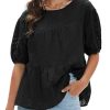 Women's Summer Tops Dressy Casual Short Lantern Sleeve Shirts Crew Neck Hollow Out Lace Embroidered Blouses Shirts