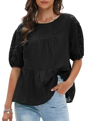 Women's Summer Tops Dressy Casual Short Lantern Sleeve Shirts Crew Neck Hollow Out Lace Embroidered Blouses Shirts