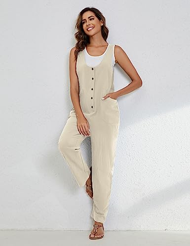Womens Overalls Linen Cotton Jumpsuits Loose Casual Jumpers with Pockets
