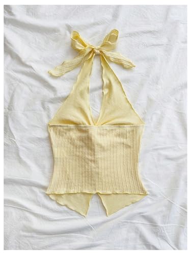 Women's Twist Front Tie Halter Neck Split Hem Backless Summer Going Out Crop Top