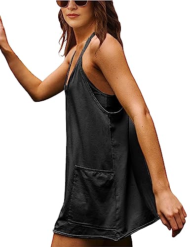Women's Summer Sleeveless Mini Dress V Neck Spaghetti Straps Athletic Built-in Shorts Sundress