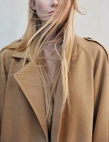 Women's Wool Blend Pea Coat Notch Lapel Double Breasted Winter Loose Short Button Belt Outerwear Jacket