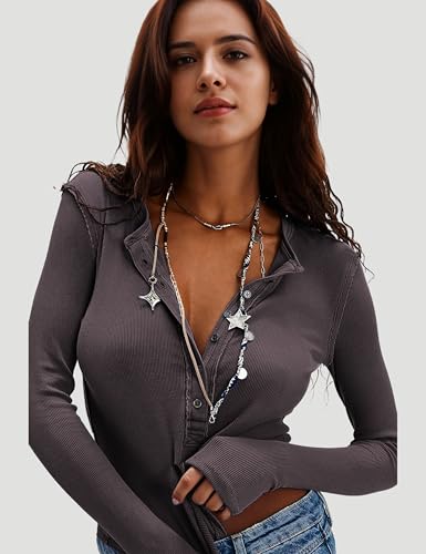 Womens Henley Tunic Shirts Long Sleeve Slim Fit Basics Ribbed Crewneck Button up Tops