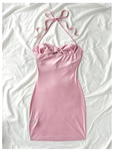 Women's Y2k Cut Out Metal 3D Flower Halter Mini Dress Ruched Bodycon Sexy Clubbing Dress