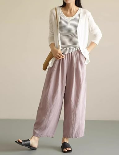 Womens Linen Pants Summer Casual Capris Cropped Wide Leg Beach Trousers with Pockets