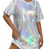 Women's Y2k Shiny Holographic Short Sleeve Metallic Party Disco Oversized Tshirt Dress