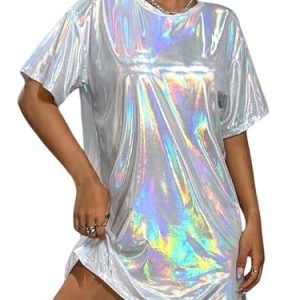 Women's Y2k Shiny Holographic Short Sleeve Metallic Party Disco Oversized Tshirt Dress
