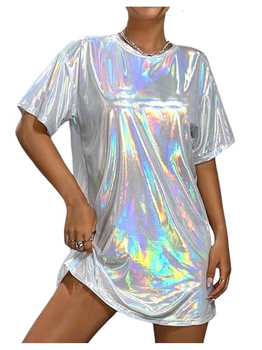 Women's Y2k Shiny Holographic Short Sleeve Metallic Party Disco Oversized Tshirt Dress