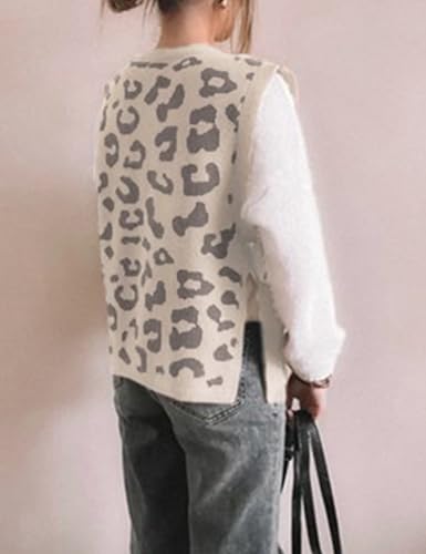 Women Leopard Print Sweater Vest Side Tie Knit Tank Tops Sleeveless Crew Neck Casual Fall Outfits