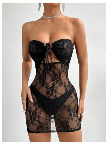 Women's Sexy Sheer Lace Bodycon Strapless Mini Dress Cutout Party Club Tube Dress
