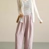 Womens Linen Pants Summer Casual Capris Cropped Wide Leg Beach Trousers with Pockets